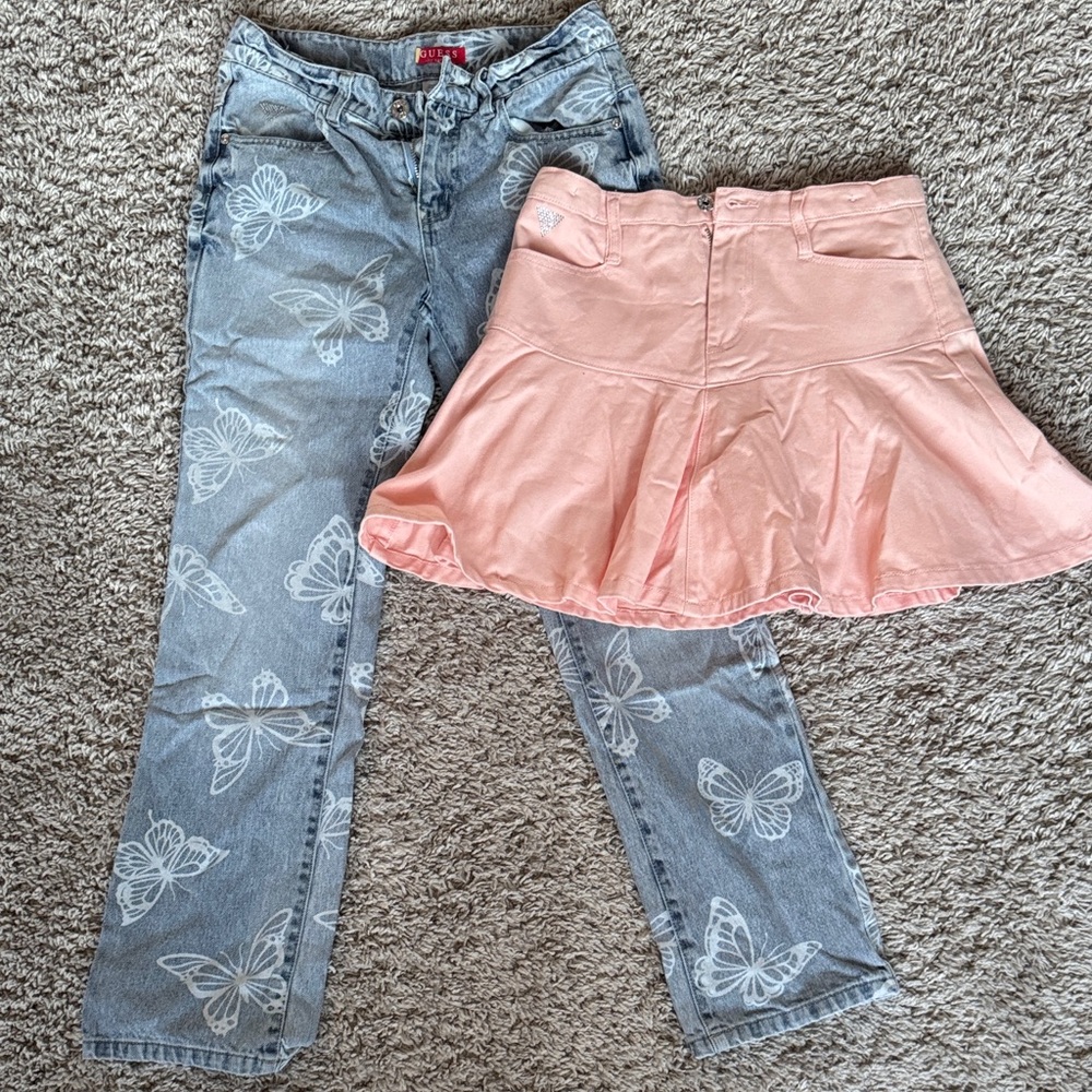 GUESS Butterfly Print Jeans and Peach Skirt bundle